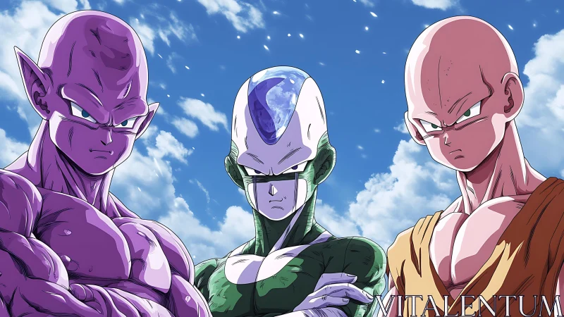 Three stylized humanoid figures under daylight sky backdrop.