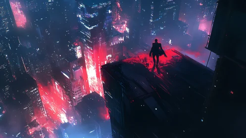 Lone silhouette over neon cyberpunk megacity at night.