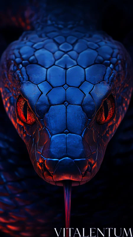 Electric blue serpent gazes forward with glowing red eyes