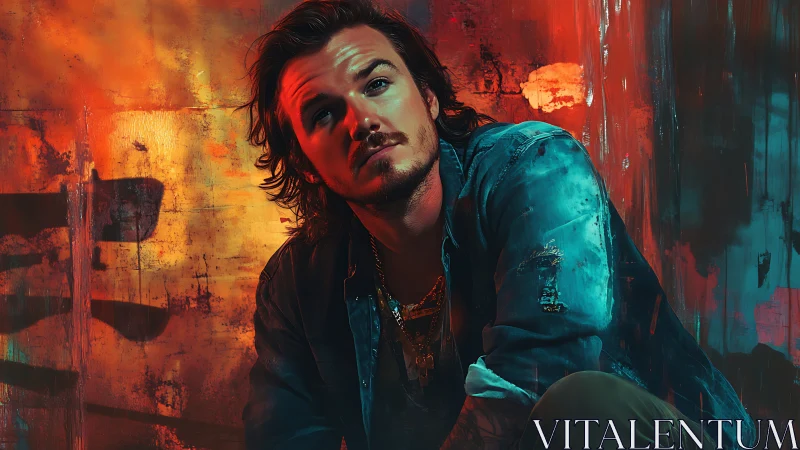 Moody portrait of man against vivid abstract graffiti wall.