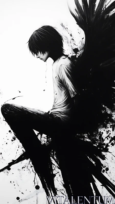 Monochrome winged youth in dynamic ink-splatter silhouette.