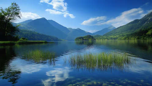 Mountain lake reflects blue sky and distant forested peaks