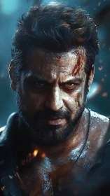 Bloodied male warrior portrait in dramatic blue lighting.