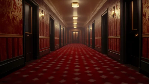 Moody hotel corridor stretches into a warm, tense distance