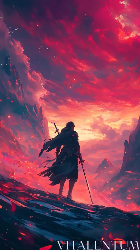 Lone cloaked swordsman stands beneath vivid red storm sky