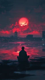 Solitary silhouette observing hyper-saturated crimson eclipse.