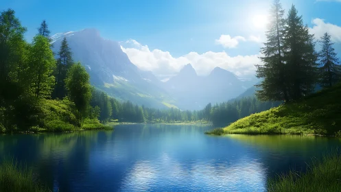 Sunlit alpine lake under towering blue mountain peaks.
