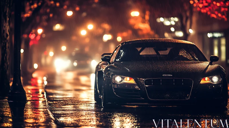 Black sports coupe on wet night street under rainlit lamps.