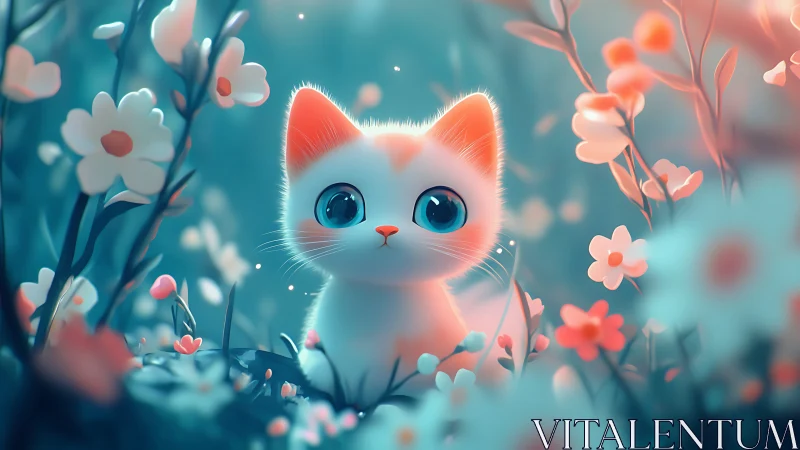 Luminous white kitten in floral garden.