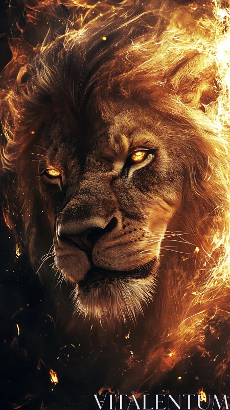 Fiery lion portrait with blazing mane and molten eyes.