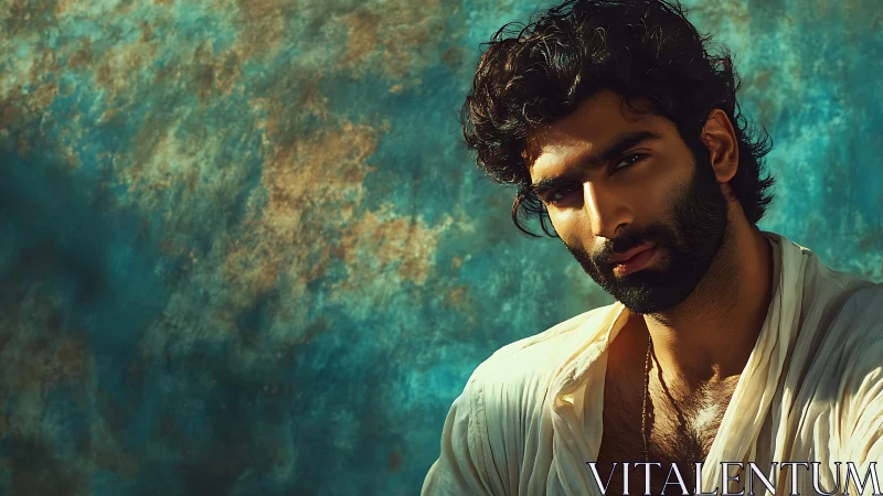 Moody bearded man gazes intensely against teal backdrop.