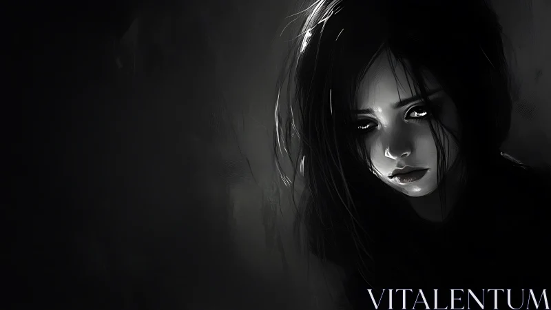 Monochrome digital portrait of a melancholic girl, high contrast.