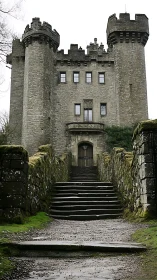 Medieval stone castle facade with twin towers and mossed causeway