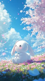Gentle bunny relaxing under dreamy cherry blossoms in spring.