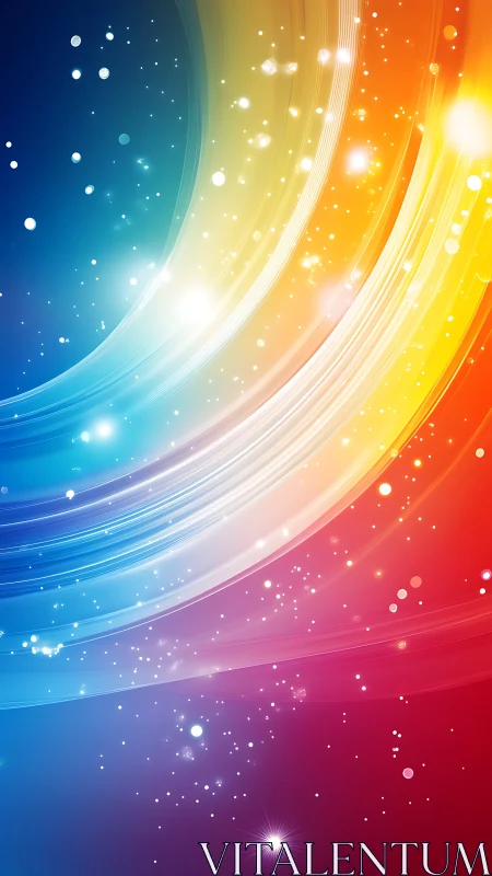 Curved rainbow light trails over blue red gradient field.