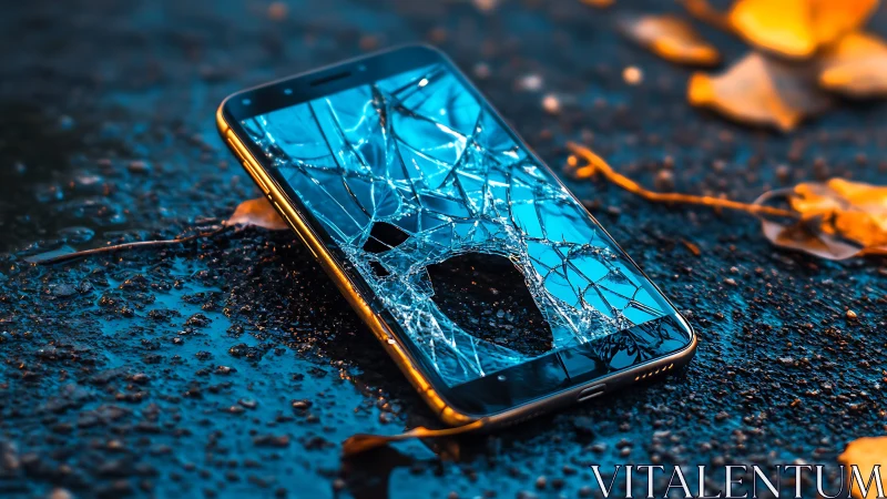Shattered smartphone display on wet asphalt surface at dusk.