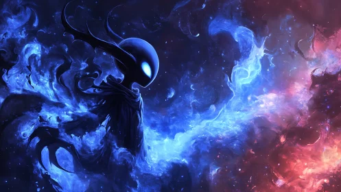 Cosmic silhouette amid blue and red nebulous currents.