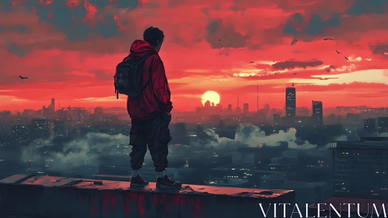 Solitary rooftop figure observing neon-red dystopian sunset