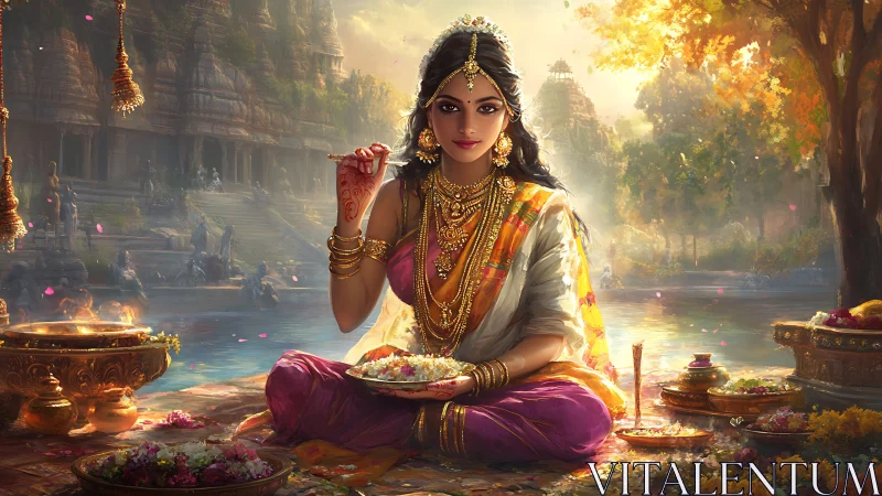 Woman in ornate sari sharing meal by riverside temple