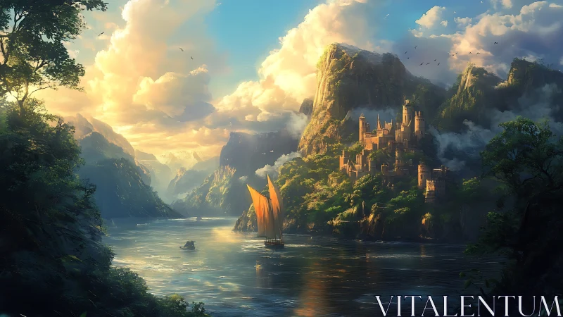 River valley landscape includes fortified city and sailboat