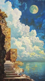 Stone coastal staircase under luminous full moon and cumulus sky