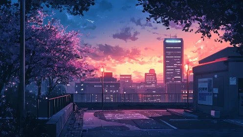 Twilight city skyline glows beyond quiet rooftop parking