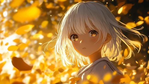 Girl with short white hair stands amid glowing falling leaves