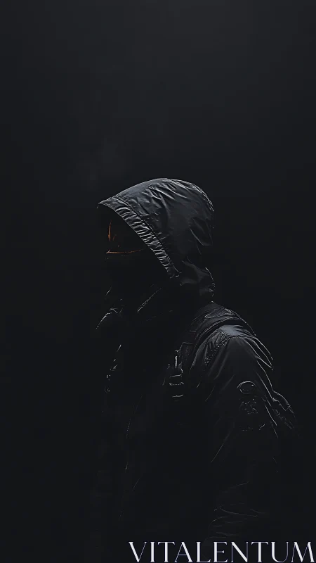 Hooded urban figure stands in deep shadowed isolation
