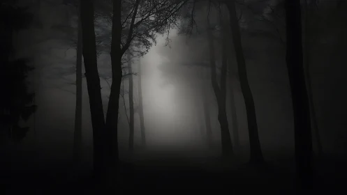 Backlit foggy forest corridor shapes dense nocturnal atmosphere
