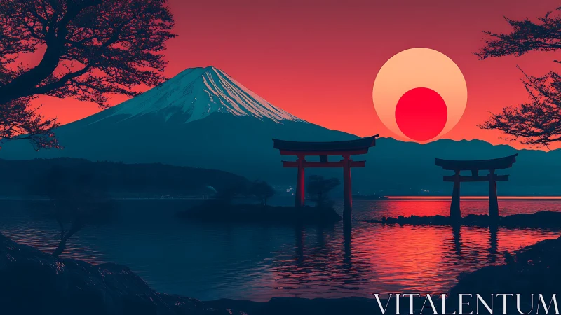 Digital landscape shows mountain, torii gates, and stylized sun