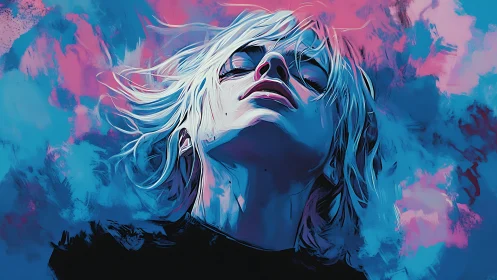 Chromatic portrait of upturned face with dynamic blue-pink lighting