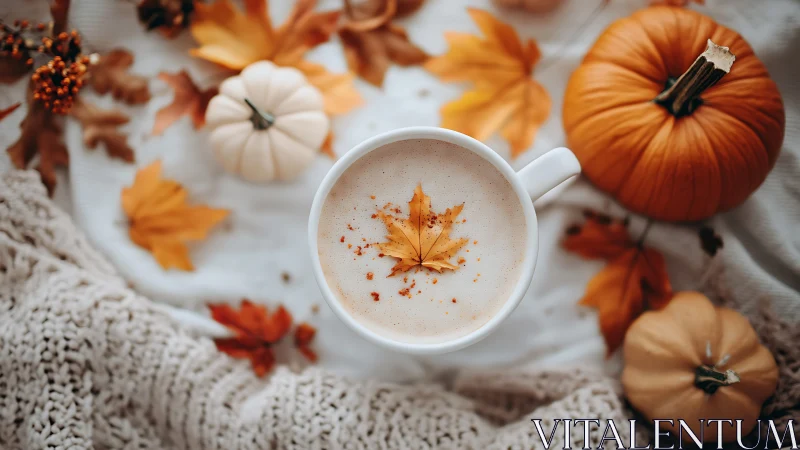 Cozy pumpkin spice latte amid rustic autumn leaves scene.