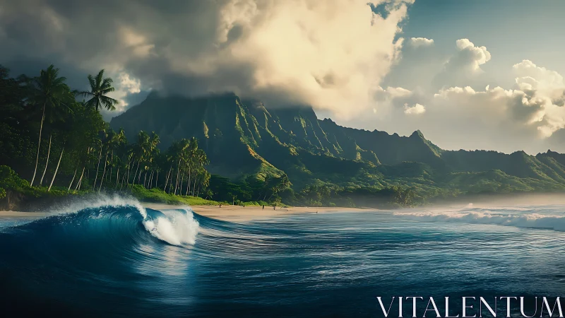 Stormlit tropical coastline meets tranquil blue surf at dusk