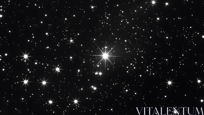 Starfield sky glows with crisp monochrome stellar points.