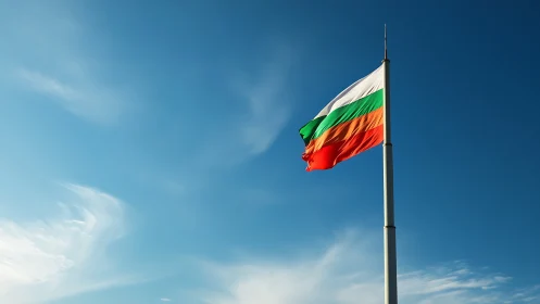 National tricolor flag on tall mast against clear blue daytime sky
