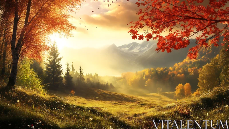 Sunlit autumn valley cradled by misty, distant mountains.
