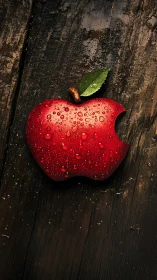 Red bitten apple emblem with water droplets on rustic wood