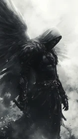 Hooded dark angel warrior in monochrome storm-lit mist.