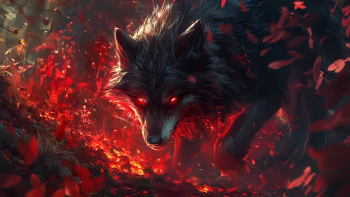 Infernal black wolf stalks through burning crimson forest.