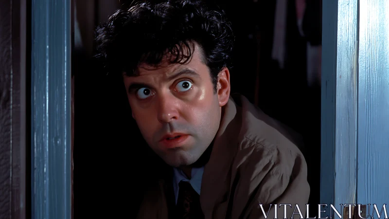 Photorealistic close-up of shocked man in doorway frame.