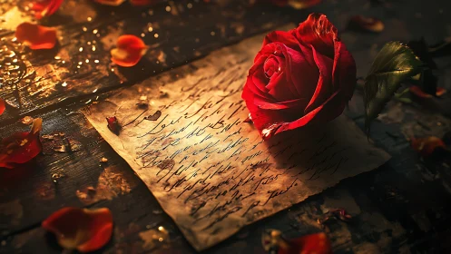 Red Rose on Handwritten Letter with Golden Light