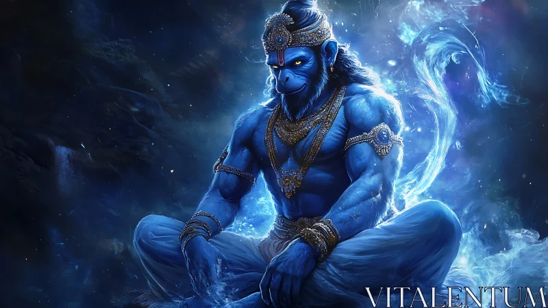 Blue divine warrior monkey in ethereal cosmic aura.