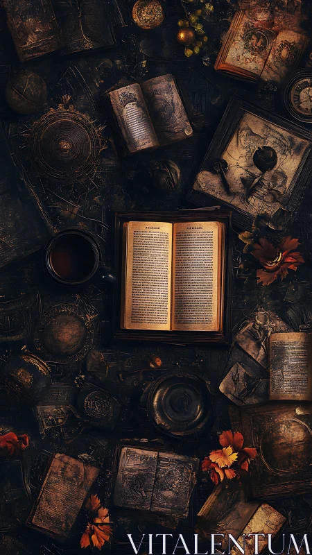 Aged illuminated books arranged in radial dark tabletop composition