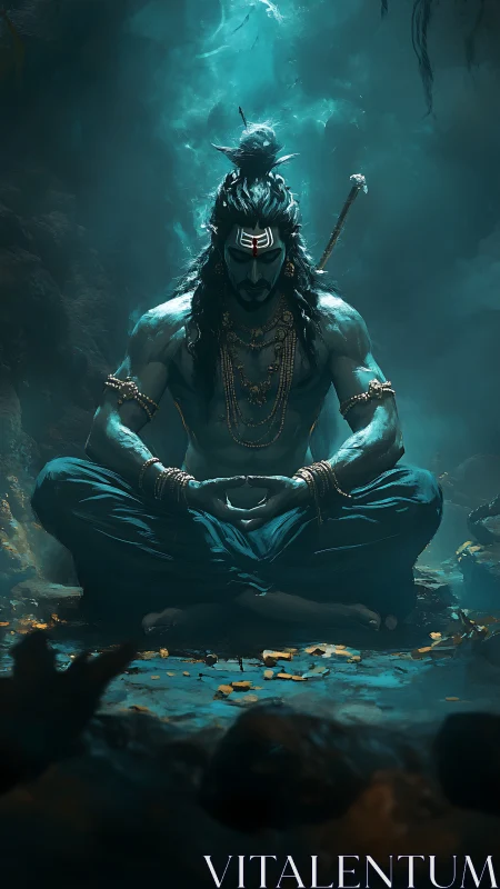 Meditating blue-skinned ascetic sits cross-legged in a cave