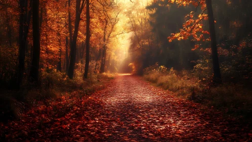 Autumnal Forest Path with Backlighting and Golden Hour Atmospheric Effect