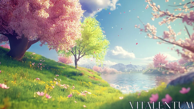 Spring lakeside landscape with luminous cherry blossoms