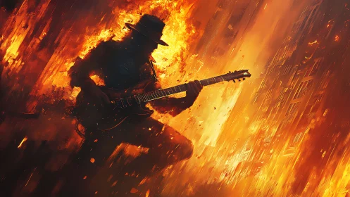 Silhouetted Guitarist Engulfed in Inferno with Dynamic Flame Effects
