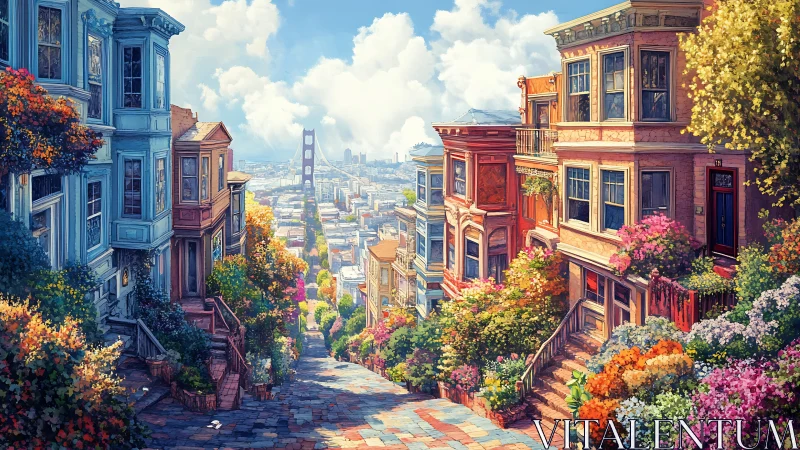 Hilly city blooms pour sunlight toward a distant bridge