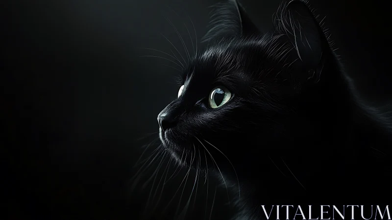 Black Feline Portrait with Luminescent Emerald Eyes Against Dark Background.