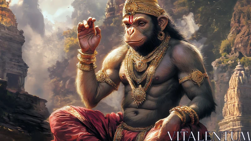 Divine monkey warrior sits crowned in golden temple mist